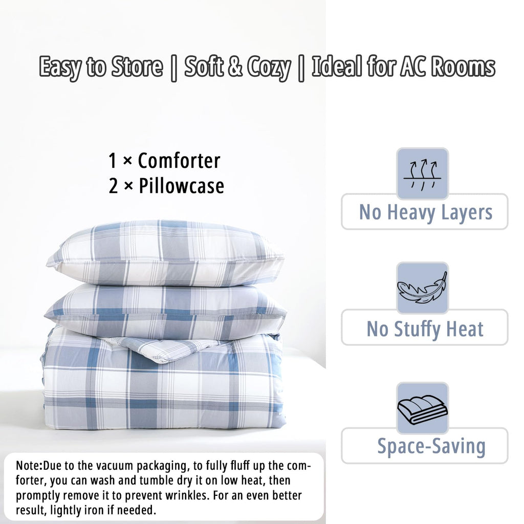 Modern Denim Blue Gray Plaid Cotton Comforter Set 3PC