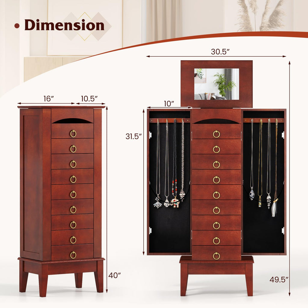 Standing Jewelry Cabinet with 9 Drawers, Flip Top Mirror, Cherry