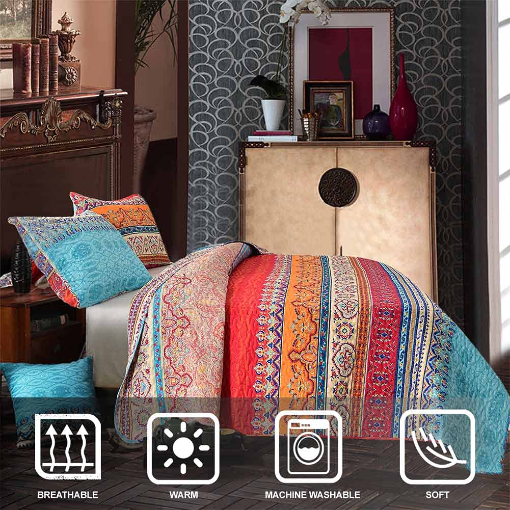 Quilt Sets 3PC, Bedspreads Coverlet, Quilts Bedding Set, Boho Red Blue Colorful Retro Striped Printed