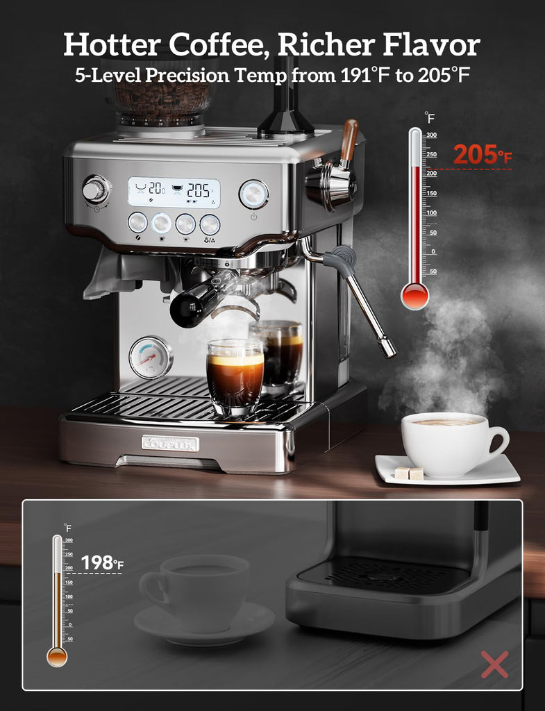 Compact Espresso Machine with Grinder, 5 Temp 205°F Max