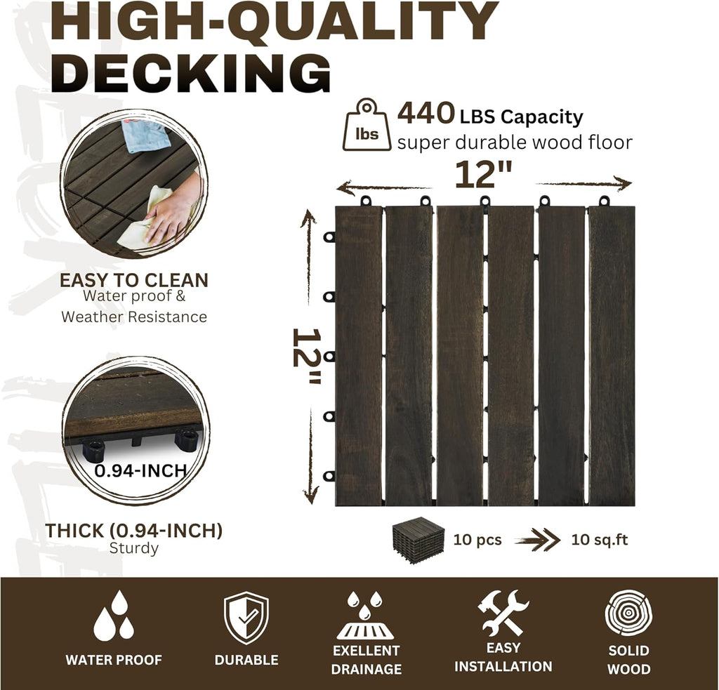 Interlocking Deck Tiles, Acacia Hardwood Outdoor Flooring, Dark Brown Deck Tiles, 12 12 Inch Striped Patio Floor Tiles