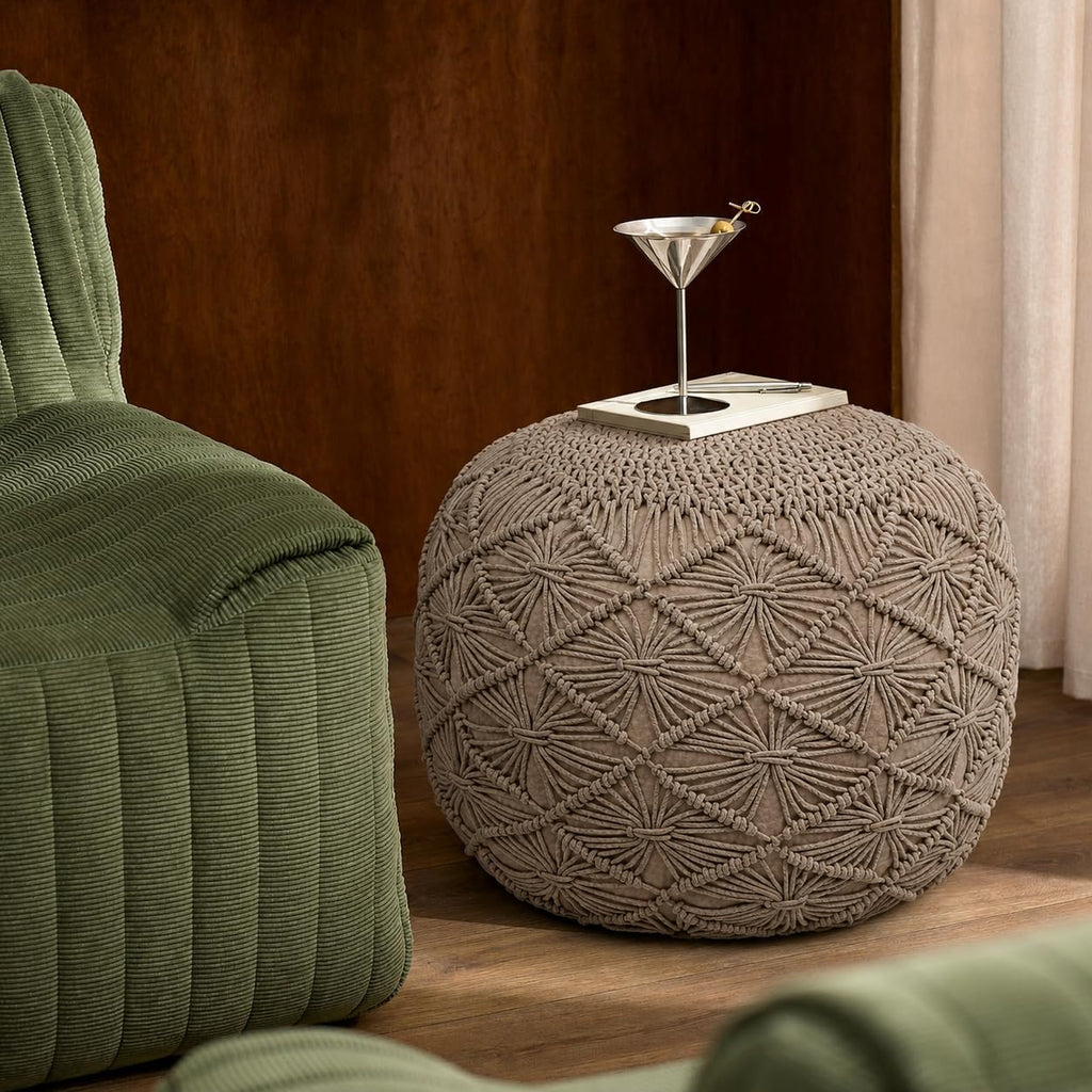 Macrame Pouf Ottoman 20x20x14 Tweed Natural Handwoven Dori Stool