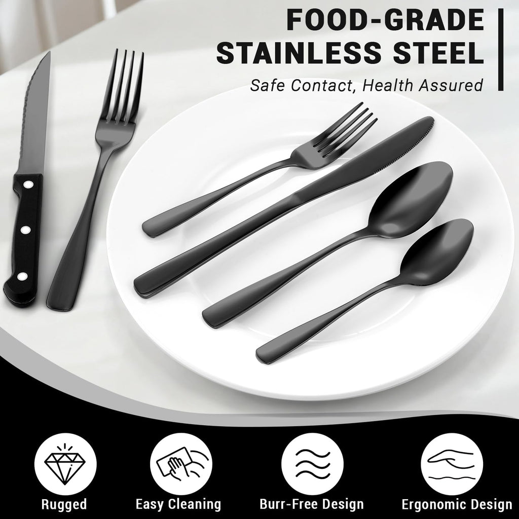 72-Pieces Black Silverware Set for 12 - Stainless Steel Flatware Set with Mirror Polish, Black Silverware Set