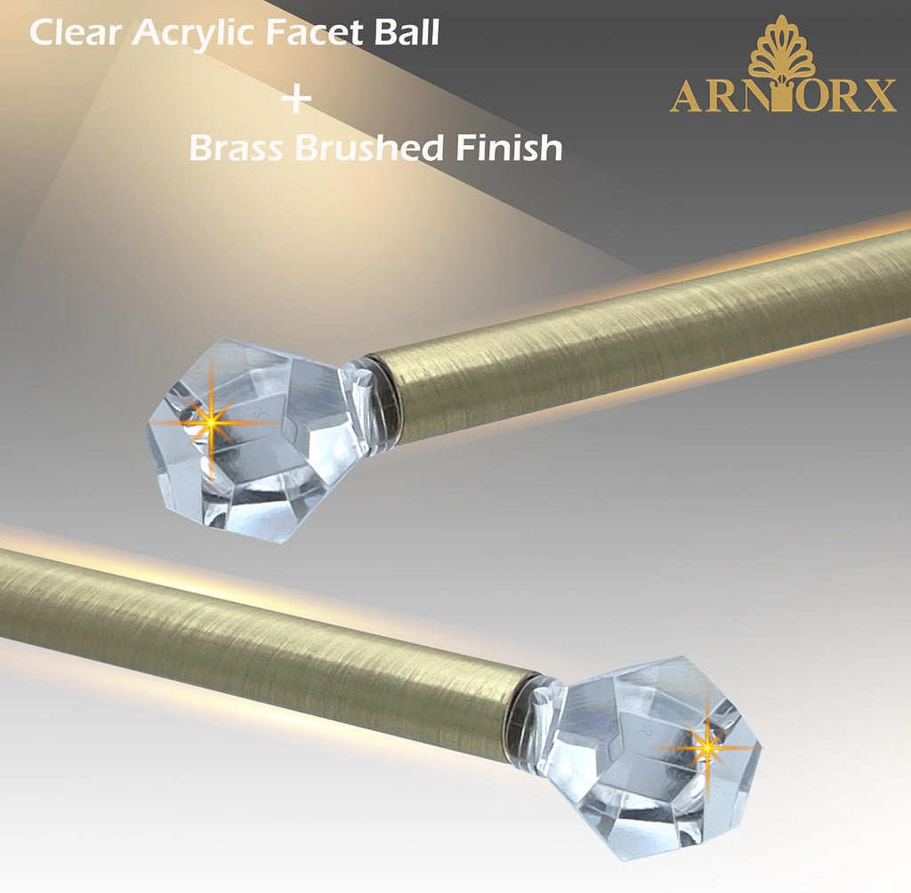 3/8" Sash Curtain Rods with Clear Crystal Ball Finials, 16 to 28 Inch Adjustable, for French Door & Sidelights, Brass