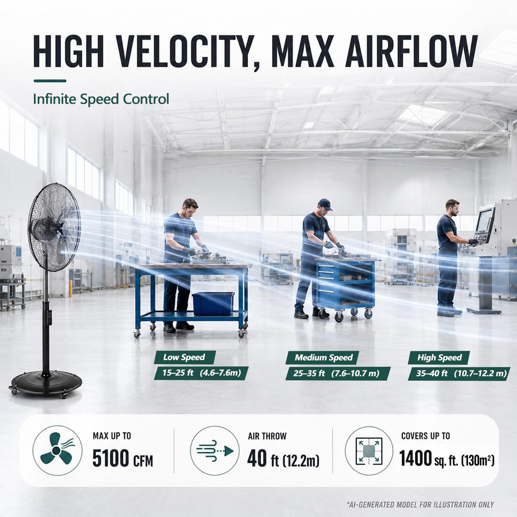 20" DC Motor Pedestal Fan, 5100 CFM High Velocity Oscillating Fan, Remote Control, Heavy-Duty Metal Standing Fan with