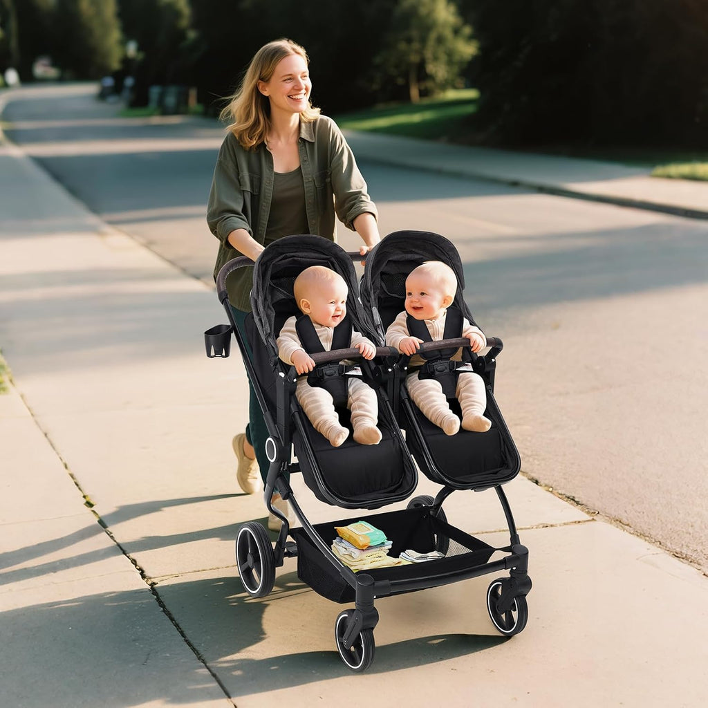 Side by Side Double Stroller for Twins, Lightweight Compact Foldable Baby Travel Stroller with High Landscape Seat