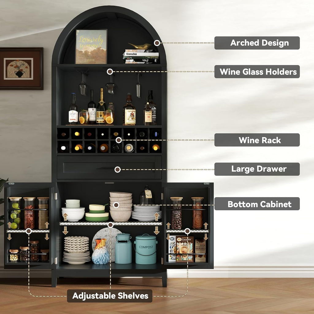 76" Arched Wine Bar Cabinet with Drawer, Glass Holders & Wine Rack | Modern Liquor Bars Cabinet W/Drawer & Shelves
