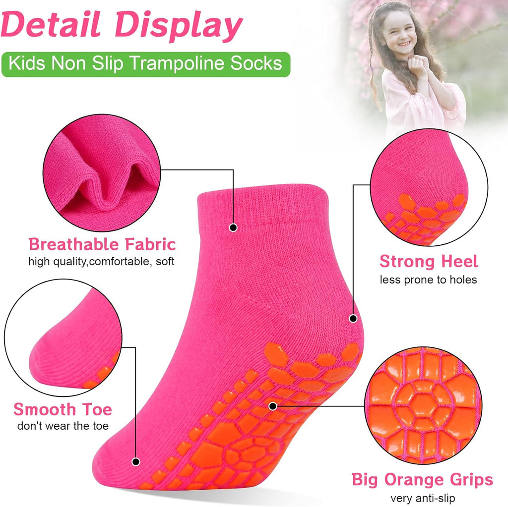 Kids Non Slip Trampoline Socks 6 Pairs, Kids Grip Ankle Socks, Athletic Sock for Boys Girls