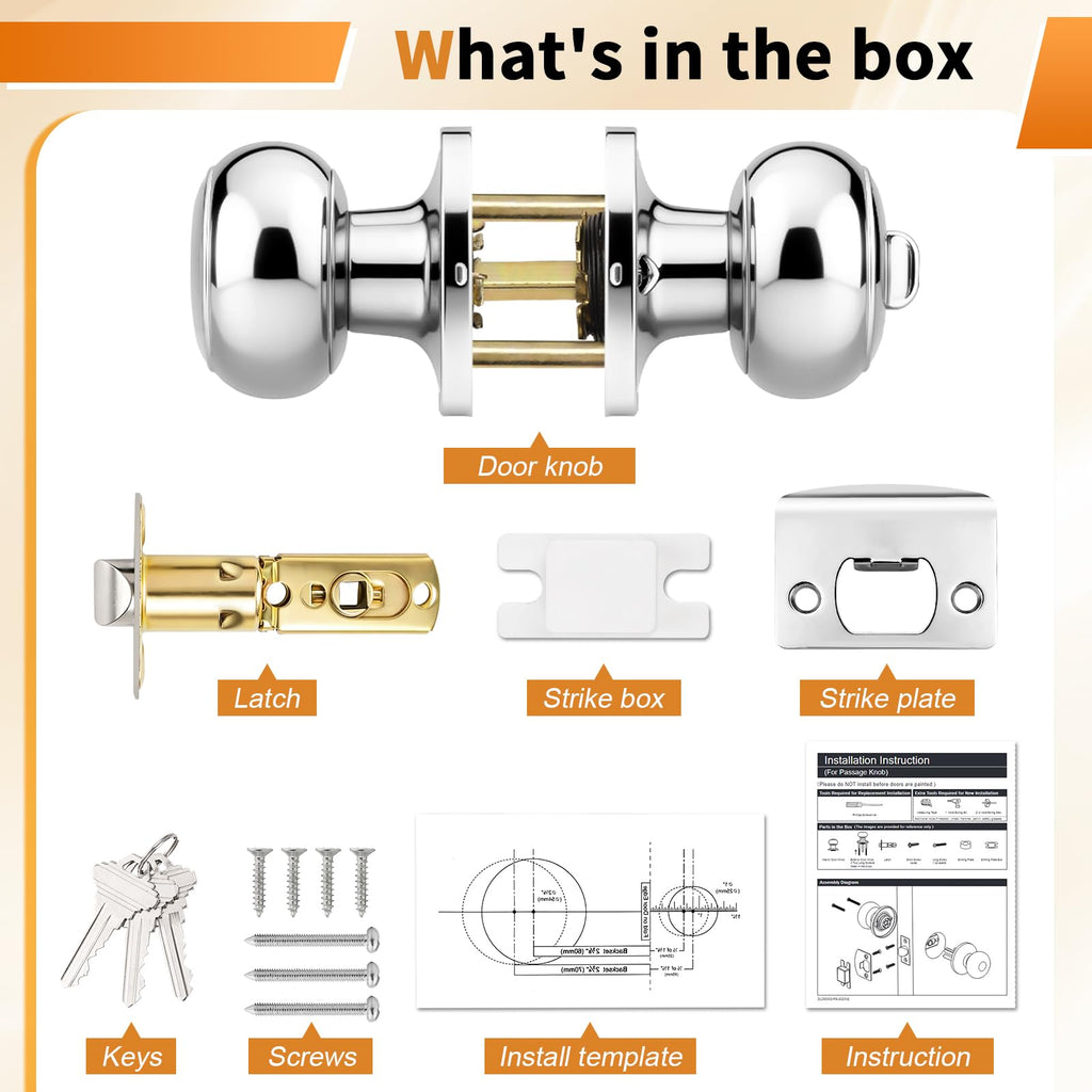 Door Knobs Polished Chrome Finish, Exterior Interior Entry Door Lock with Same Key, 6 Pack Entrance Door Lock Set