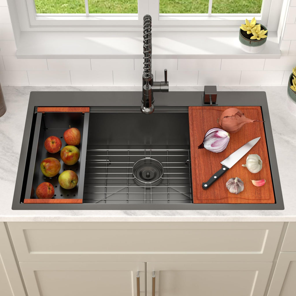 36 Inch Black Kitchen Sink Workstation Drop In Single Bowl Large Sink 16 Gauge Stainless Steel Nano PVD Coating