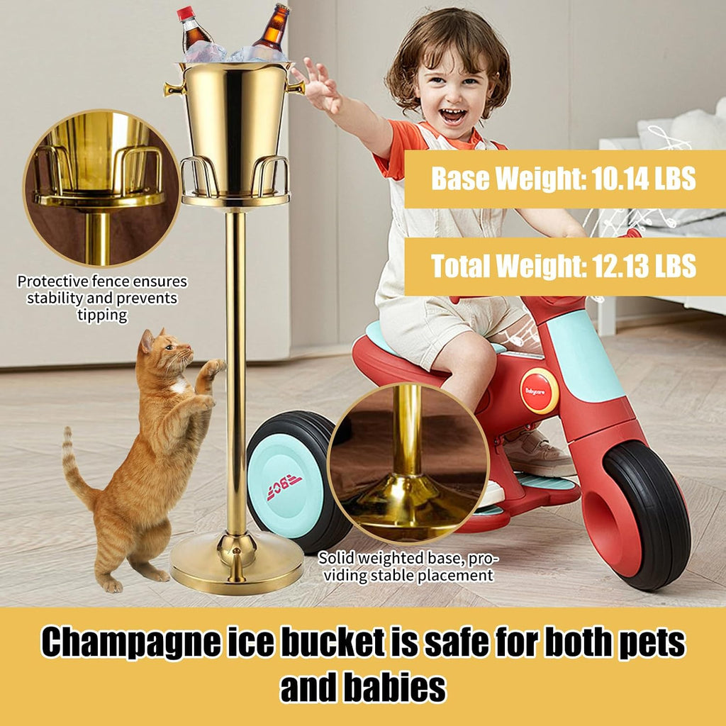 Gold Ice Bucket with Stand, large Champagne Ice Bucket 1.32 gal, Stainless Steel Ice Bucket, 3Ft Tall Ice Bucket