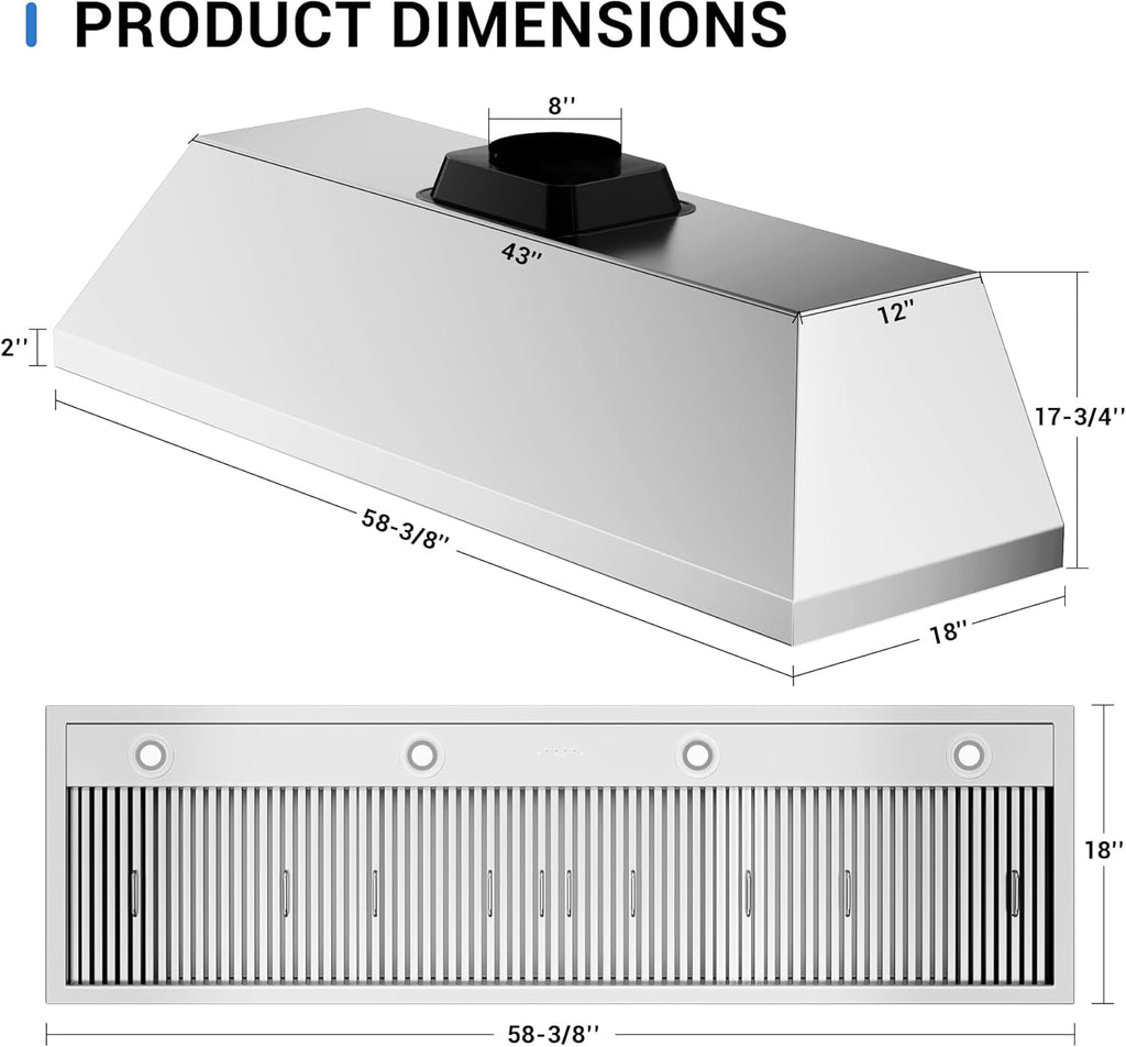 60 Inch Stainless Steel Range Hood Insert 1260 CFM 4 Speed LED Lights Dishwasher-Safe Baffle Filters, Ducted