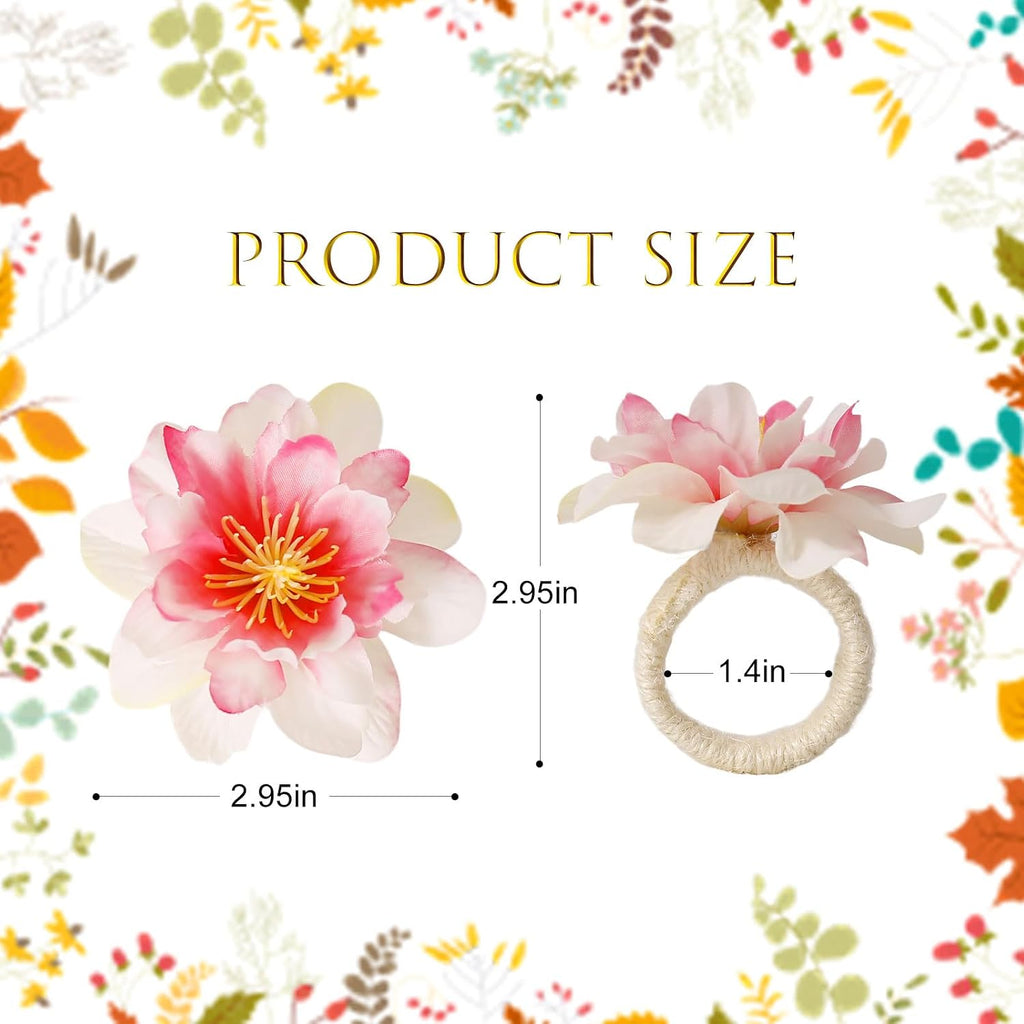Pink Dahlia Flower Napkin Rings, Handmade Floral Napkin Rings with Jute Buckles Dinner Napkin Holder - Set of 8