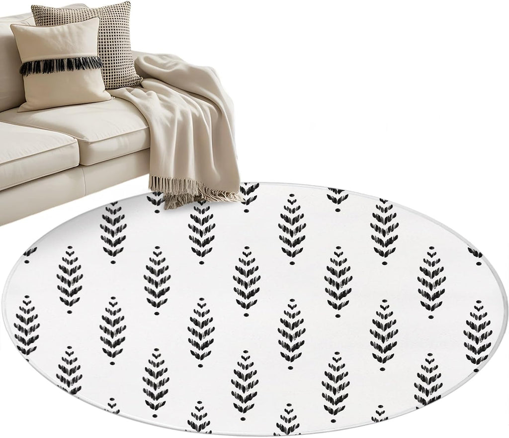 3ft Round Rug,Modern Scandi Botanical Leaves Washable Area Rugs Non-Slip Accent Rug Minimalist Black Leaf on White