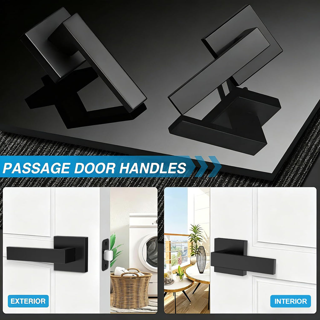 3 Pack Matte Black Door Handles, Passage Door Levers & Closet, Interior Keyless Door Knobs Heavy Duty Square