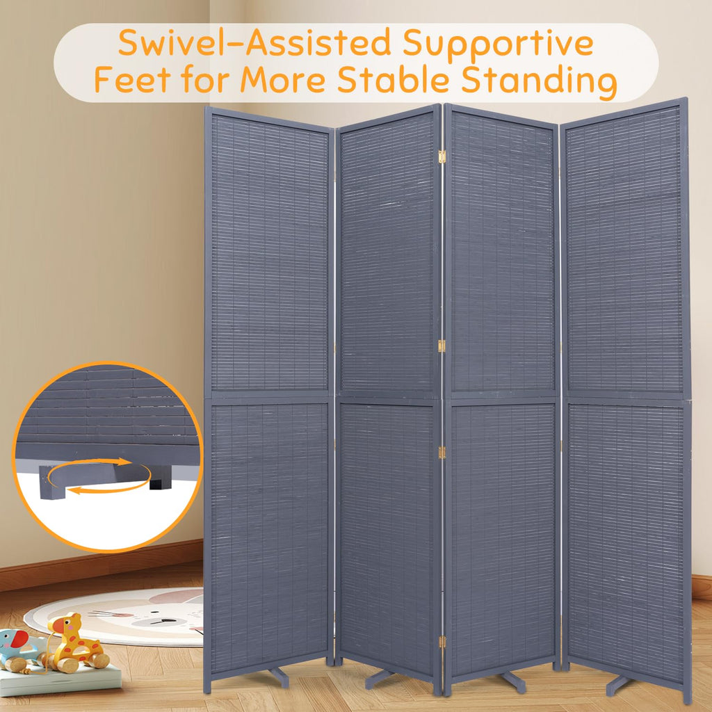 Bamboo Mesh Woven Room Divider 5.6FT, 4 Panel Folding Privacy Screen, Grey