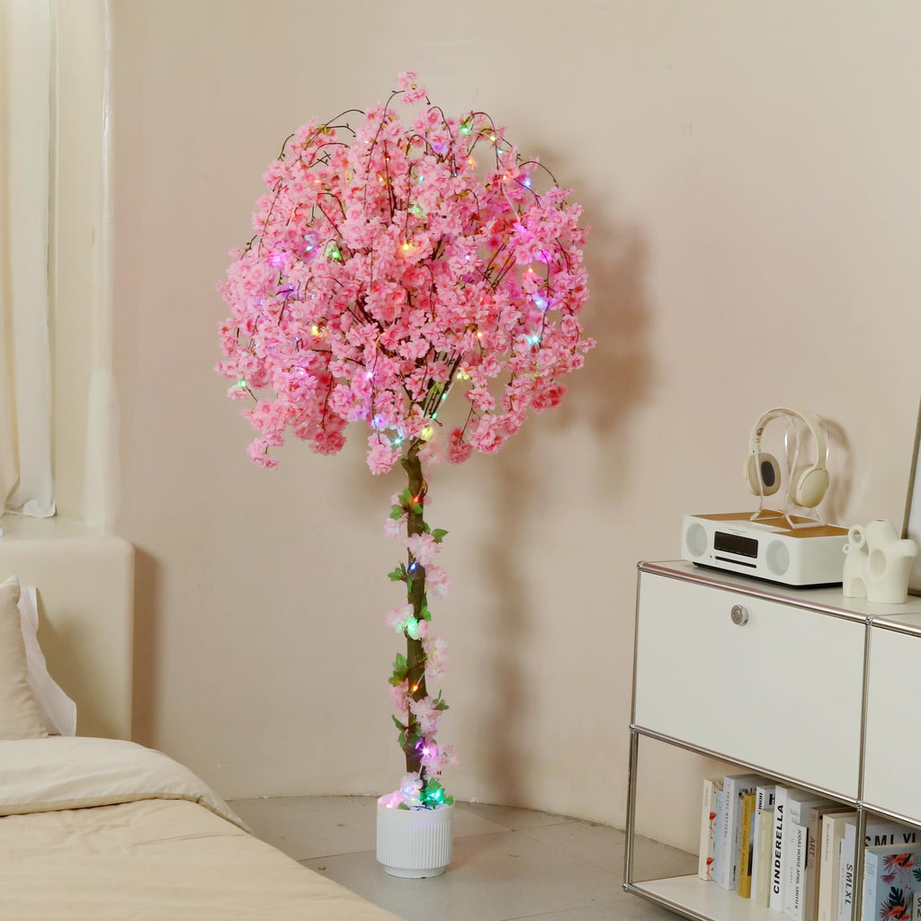 Artificial Cherry Blossom Tree, 6FT Height with 100 LED Lights, Faux Silk Plant in Pot, Wedding, Garden, Party, and