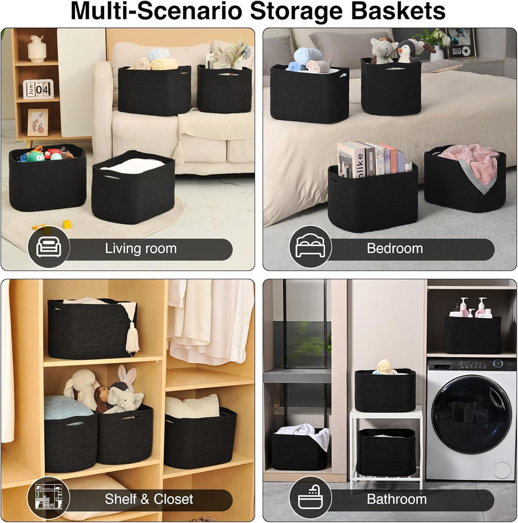 Storage Baskets for Organizing & Shelves, Woven Cotton Rope Organization Bins for Dog Toys, Clothes, Books, Nursery