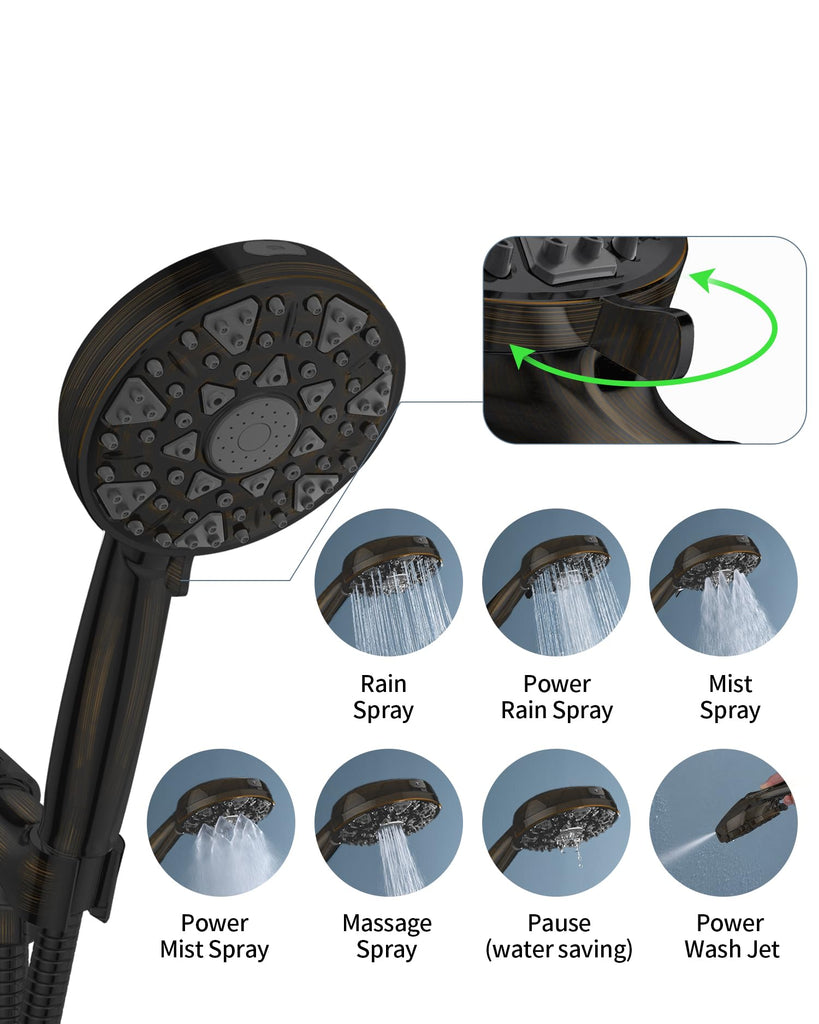 Head With Handheld 7 Settings High Pressure, Built-in Power Wash, 5" High Powerful Hand Held Rain Showerhead with