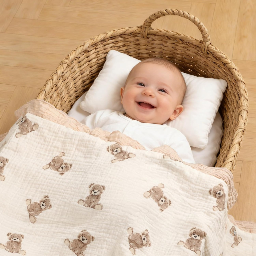 Organic Baby Blanket Flounce Edge Large 50"x43" Teddy Bear, 100% Muslin Cotton Soft Breathable Toddler Quilt Crib