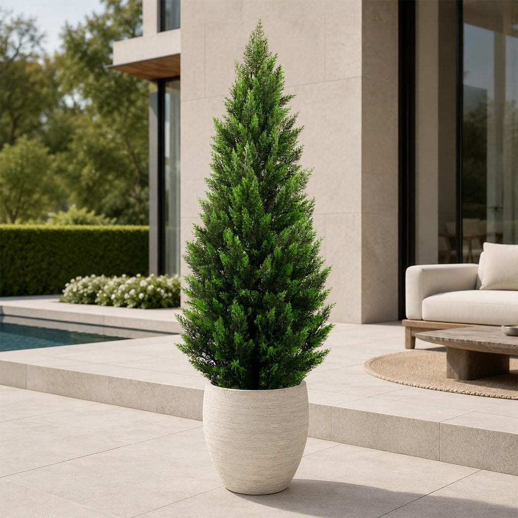 Artificial Topiary Cedar Trees 5FT Tall 2 Set, Outdoor Indoor Faux Pine Shrubs Plants, Realistic Fake Plants Front