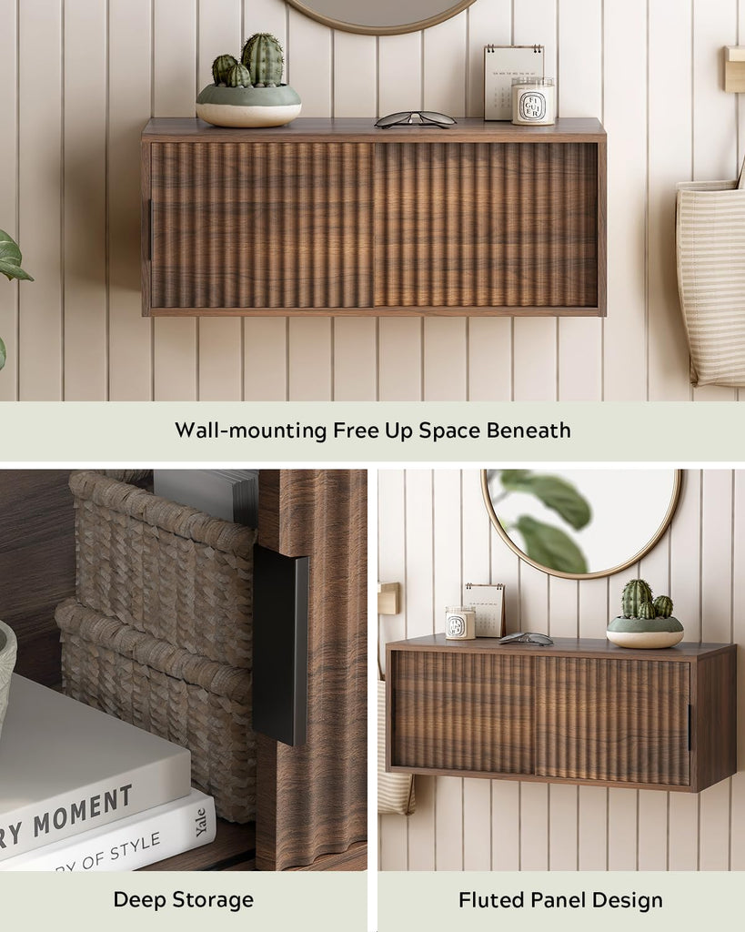 Large Floating TV Stands Set of 2, Modern Fluted Nightstands Wall Mounted Bedside Table Storage Cabinet with Sliding