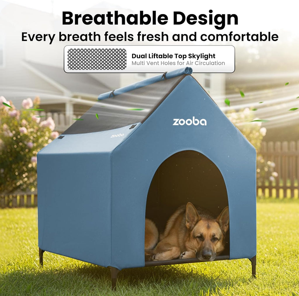 36in Large Dog House Outdoor, Elevated Dog Bed with Canopy, Blue