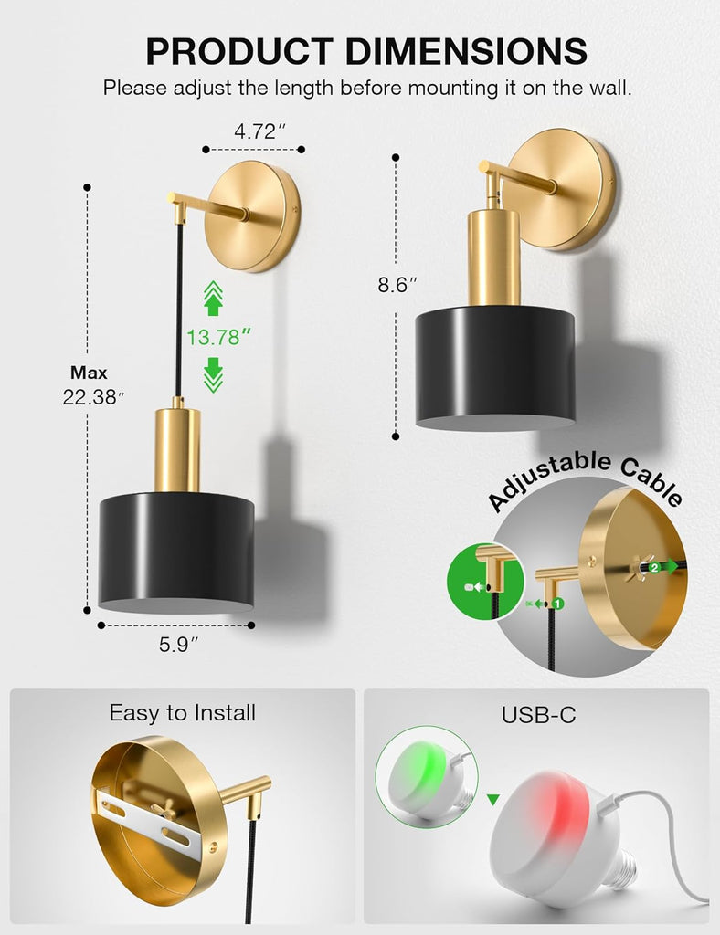 Battery Operated Wall Sconce Set of 2, Gold & Black Wireless Rechargeable Wall Lights with 5200mAh Dimmable