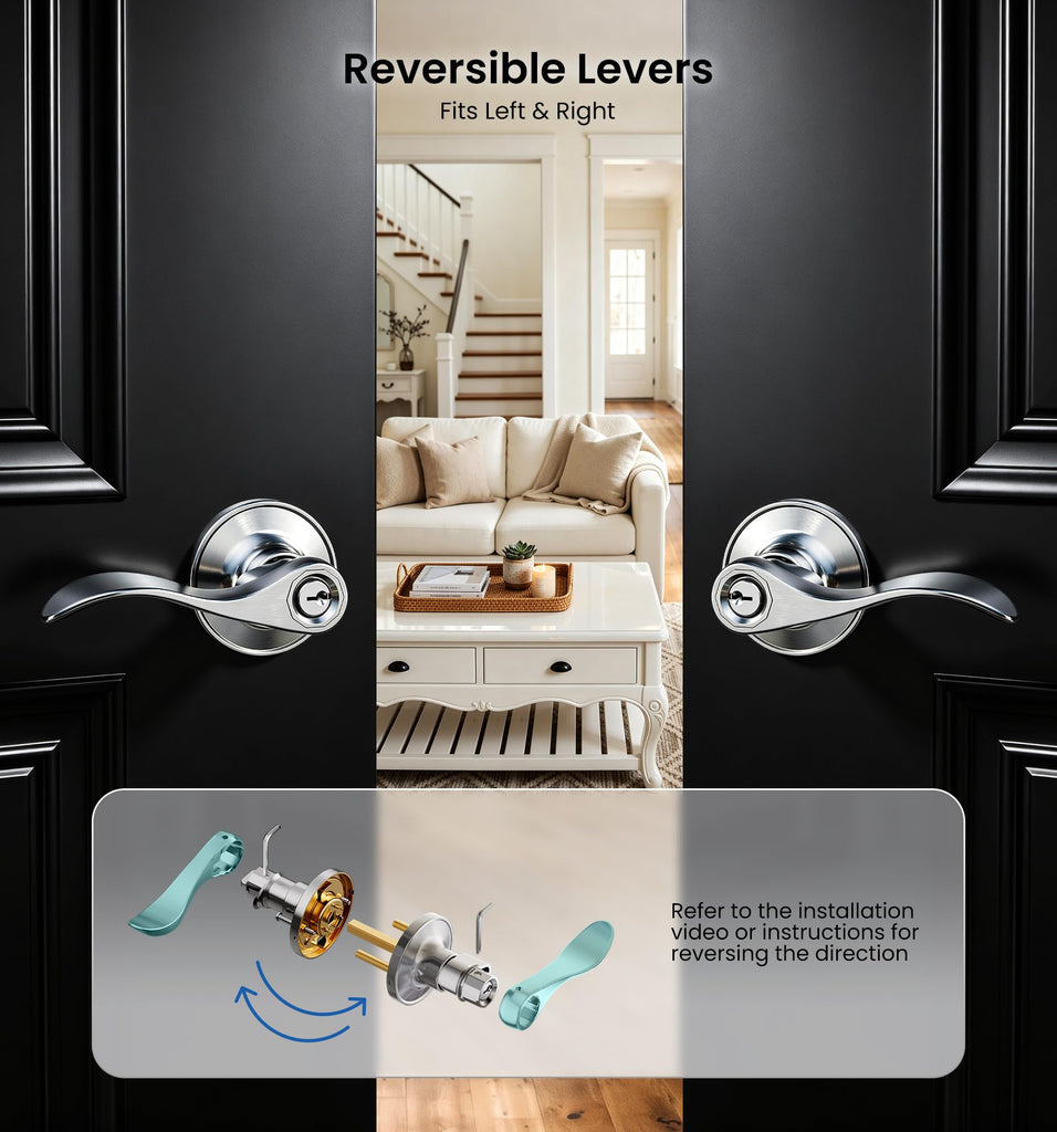 Keyed Entry Door Handle with Lock, Wave Door Levers, Satin Nickel