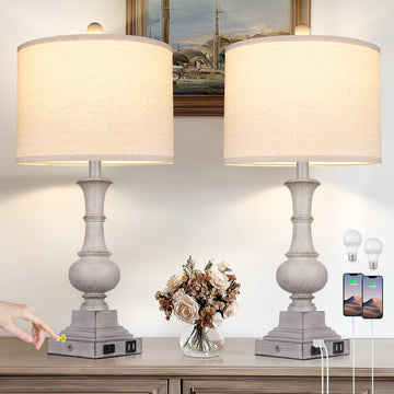 26" Farmhouse Table Lamps Set of 2, Rustic Touch Control Bedside Lamps with 2 USB Ports & AC Outlet, Vintage Resin