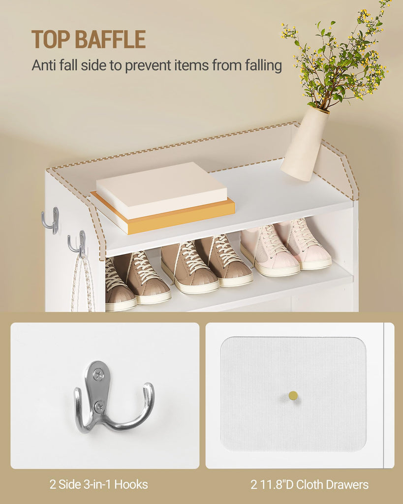 Shoe Storage Cabinet, 10 Tiers Shoe Cabinet with 2 Cloth Drawers, Wooden Freestanding Shoes Organizer with 2 Hooks