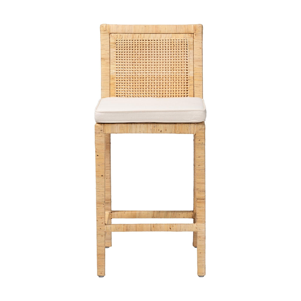 Sofia Rattan Counter Stool with Mahogany Wood Frame - Handwoven Wicker Counter Chair with Removable Cushion, Light