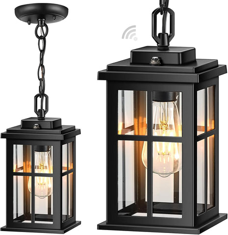 Black Dusk to Dawn Outdoor Pendant Light, Modern Hanging Light Fixture with Tempered Glass