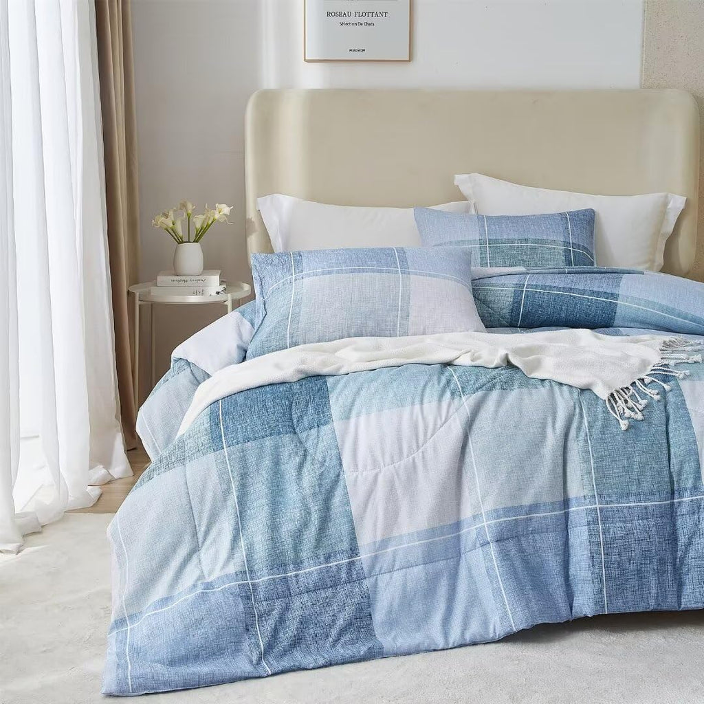 Plaid Comforter Set Farmhouse Comforter Bedding, Blue and White Comforter Grid Buffalo Reversible