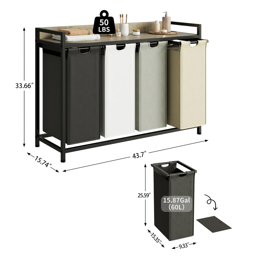 Laundry Hampers with Shelf, Laundry Basket 4 Section, 4 x 15.87 Gal