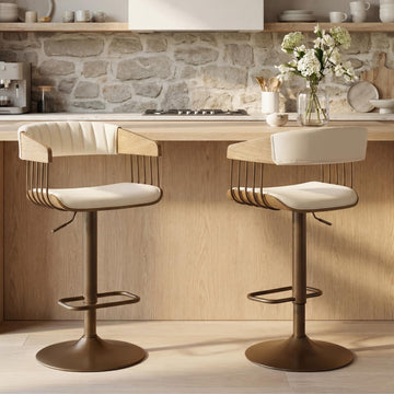 Swivel Adjustable Bar Stools Set of 2, Mid-Century Modern Counter Stools Bar Chairs with Barrel Wood Back and Arms