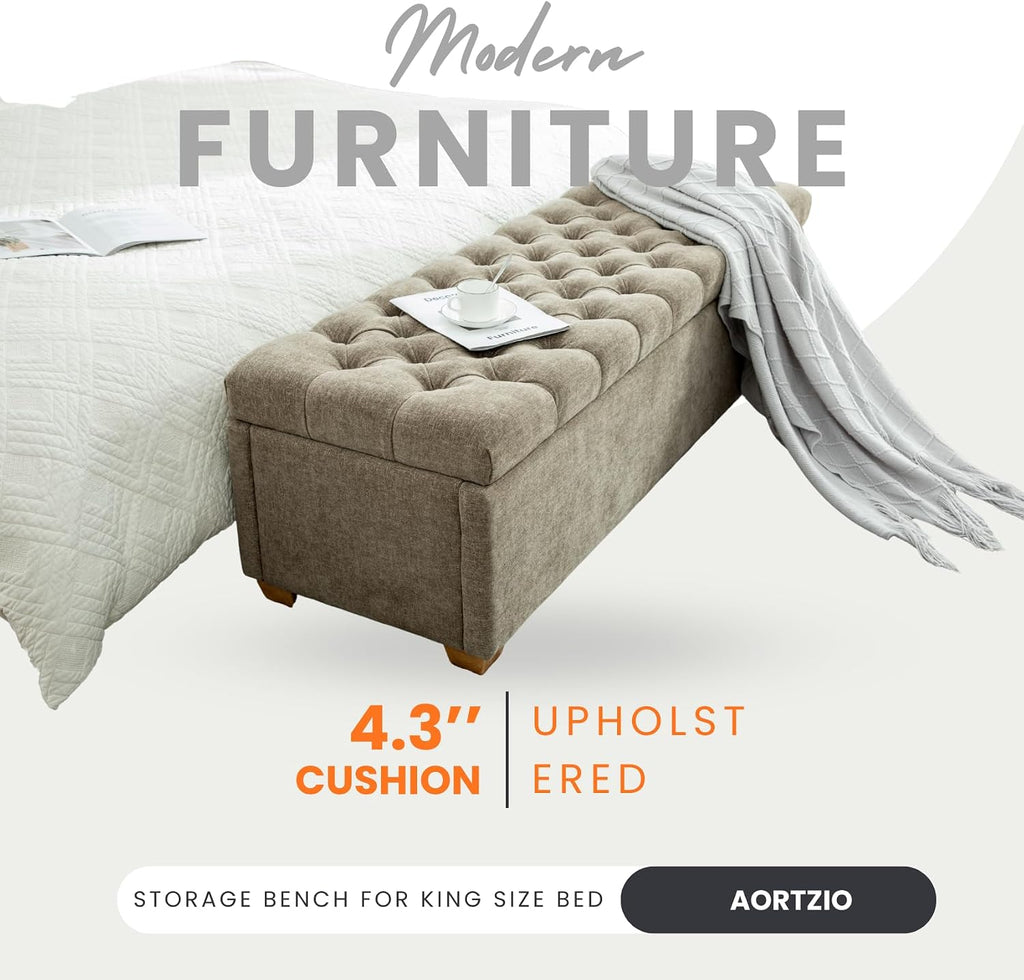 Storage Bench , 60.24'' Tufted King Size Upholstered End of Bed Bench with Wood Legs , Cloakroom, Window, Taupe.