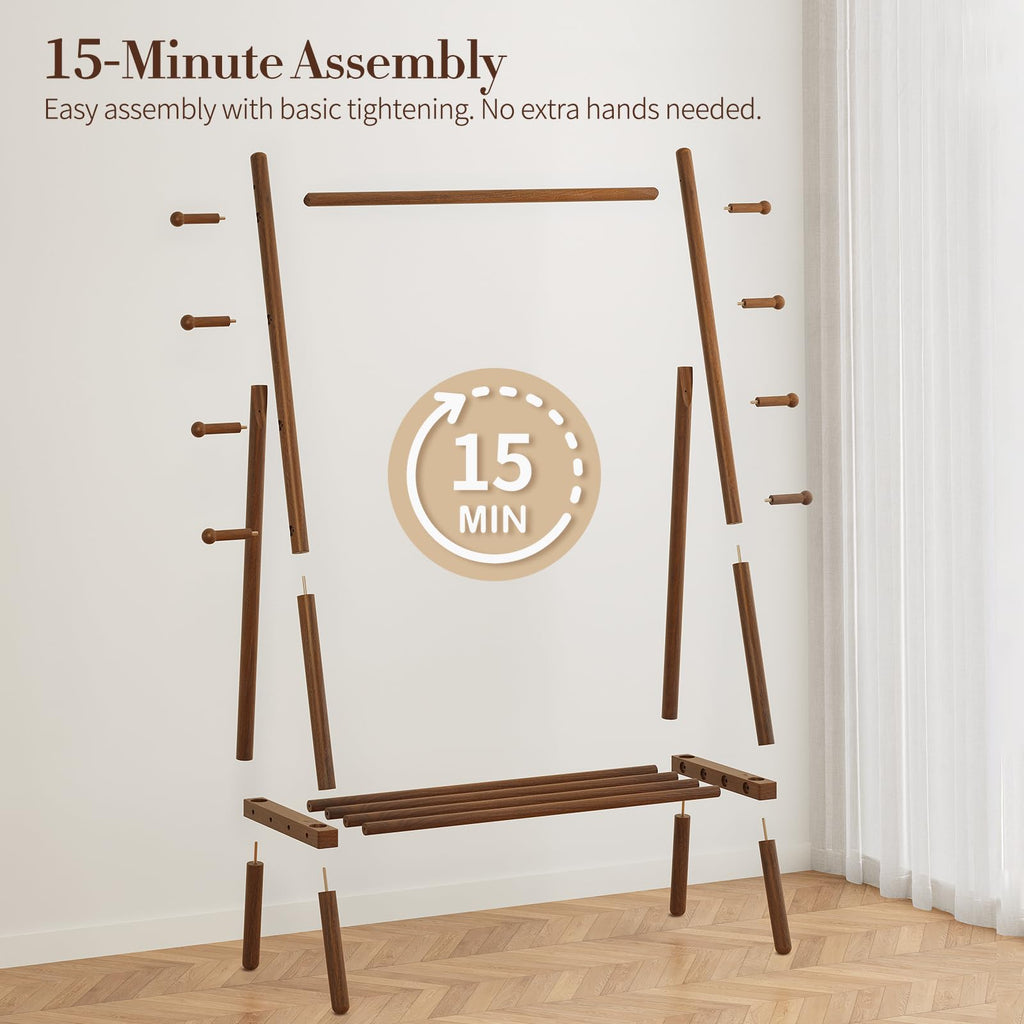 Solid Wood Clothes Rack - Heavy Duty Clothing Racks for Hanging Clothes with 8 Hooks, Portable Garment Rack for Dress