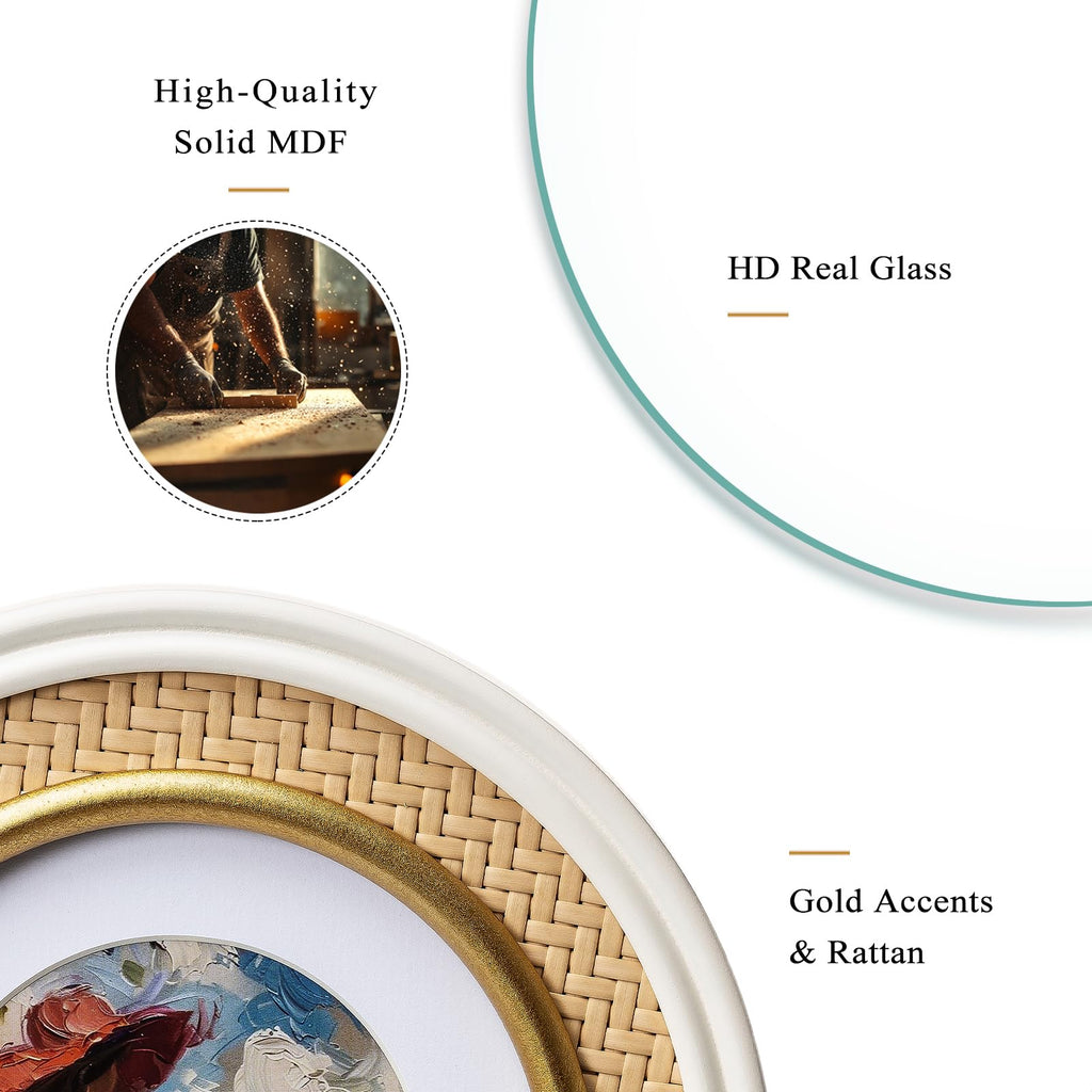 6x6 Round Rattan Picture Frame, Solid Wood with Real Glass, Display 6x6 Photos Matted to 4x4, Vertical for Tabletop