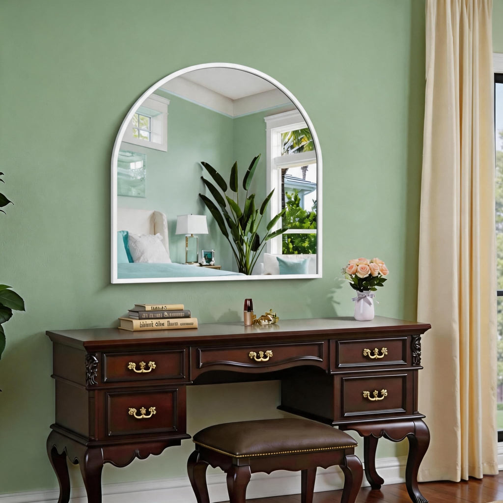 Arched Wall Mirror, 30"x30" White Arched Mirror Table