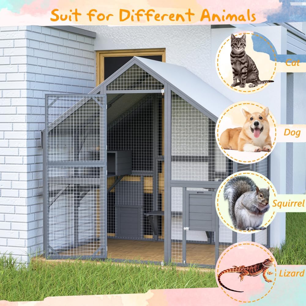 Large Outdoor Cat Enclosure with Wooden Frame, Suspension Bridges, Walking Paths, Cozy Resting Houses