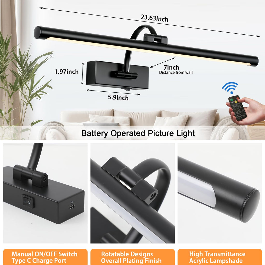 Picture Light Battery Operated with Remote, 3CCT Dimmable Picture Light for Paintings, Black Rechargeable 24 inch