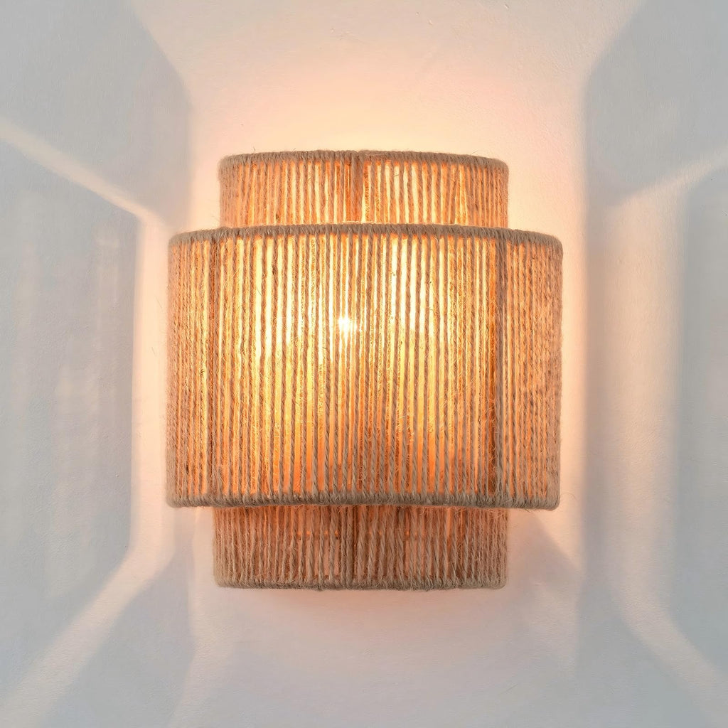 Boho Wall Light, Rattan Wall Sconce with Hand Woven Hemp Rope Shade