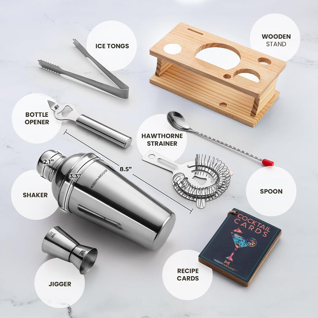 Cocktail Shaker Set - Bartender Kit with Pine Stand | Leak-Proof Design | Includes Martini Shaker, Jigger, Strainer - Set of 8