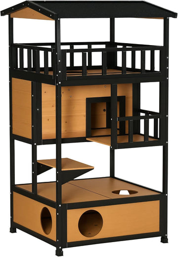 3-Story Wooden Outdoor Cat House w/Raised Floor, 5 Doors Yellow