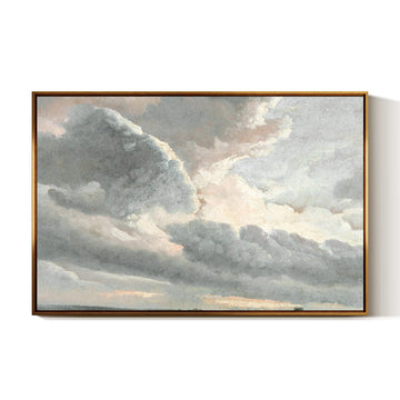 Golden Framed Vintage Canvas Wall Art Study of Clouds with a Sunset Near Rome 24x36 inch, Grey Toned Rustic Canvas