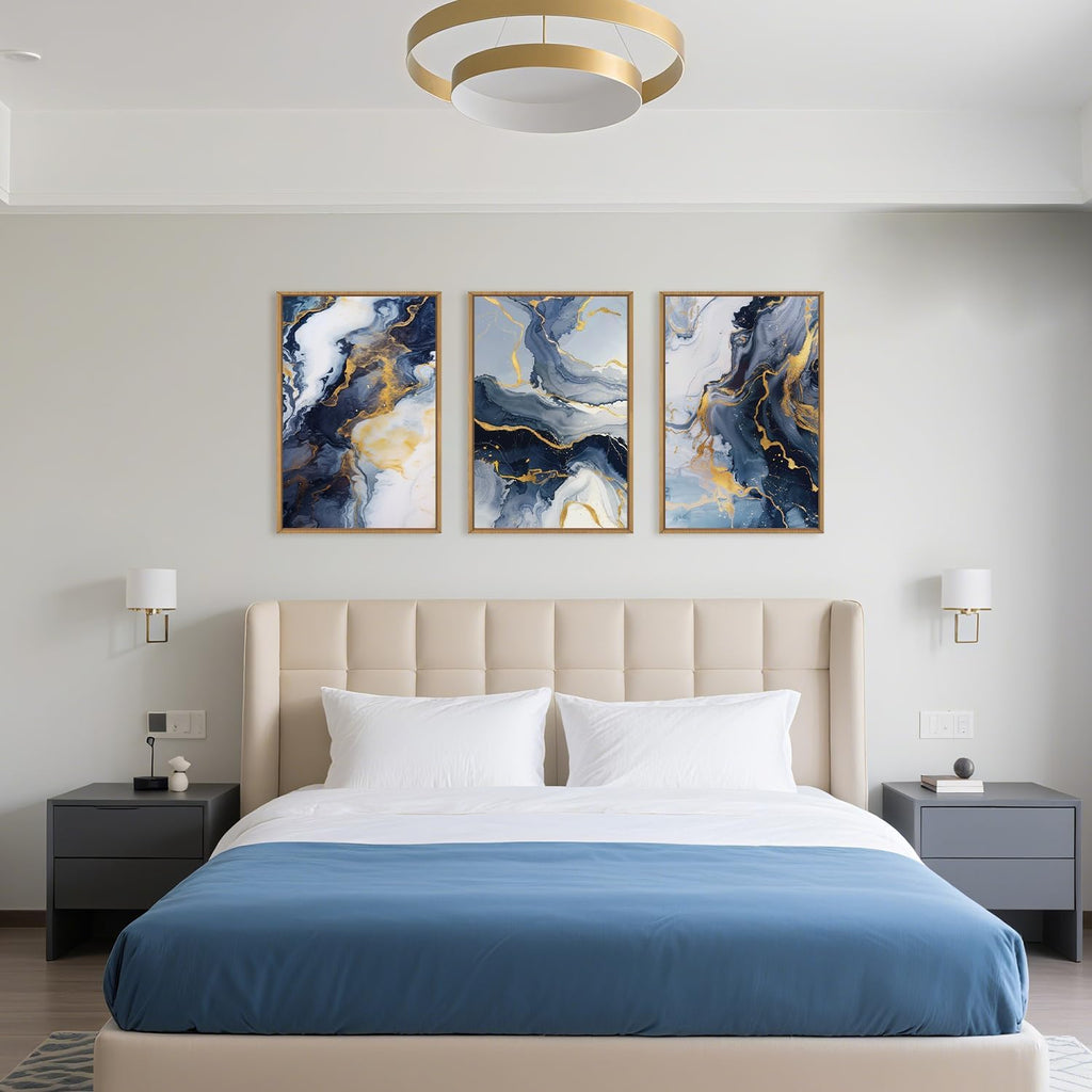 Navy Blue and Gold Framed Canvas Wall Art Set,Mid-Century Modern Abstract Wall Decor,Navy Blue Ink Wash