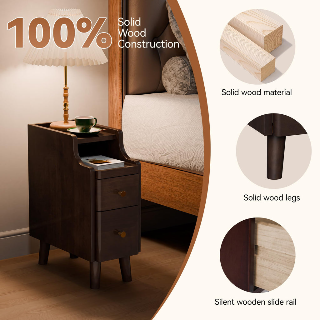 Nightstand, Pre-Assembled, 19.7"H Solid Wood Night Stand with 2 Drawers, Open Sliding Shelf, Mid Century Modern Small