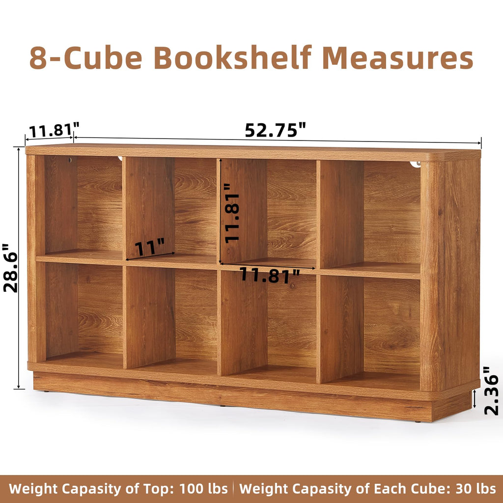 8 Cube Storage Book Shelf, 52" Long Horizontal Bookshelf with Curved Edge, Floor Standing Wooden Cubby Bookcase with