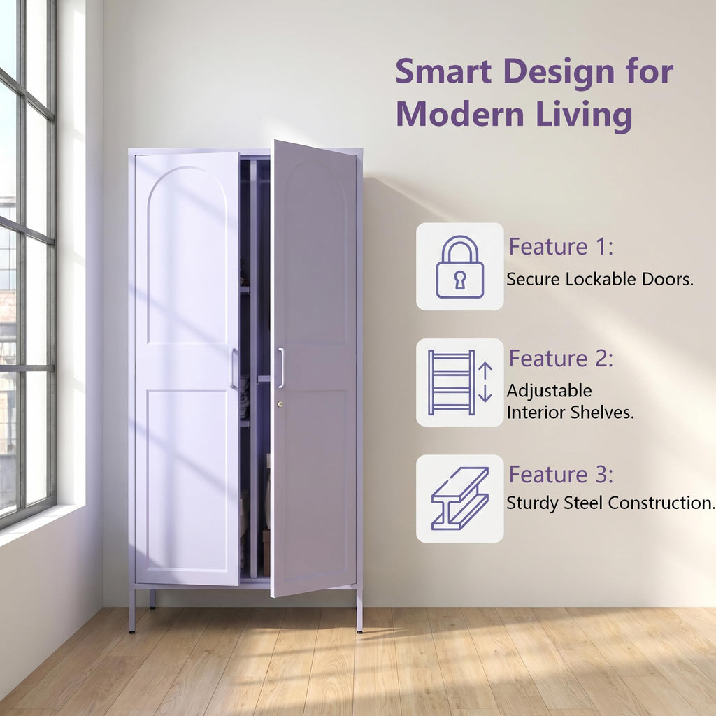 Purple Lockable Armoire Wardrobe Closet Storage Cabinet with Hanging Rod, 67" Metal Wardrobe Cabinet with 2 Doors and